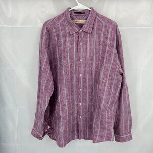 Tommy Bahama Men XL Hawaiian Shirt Pink Striped Silk Long Sleeve Vacation Bamboo